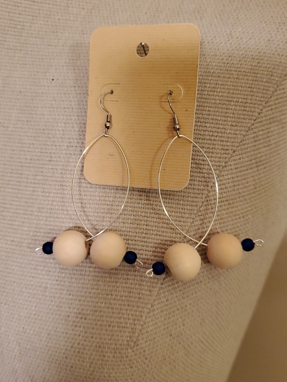 Handcrafted Beige and Navy Bead Hoop Earrings